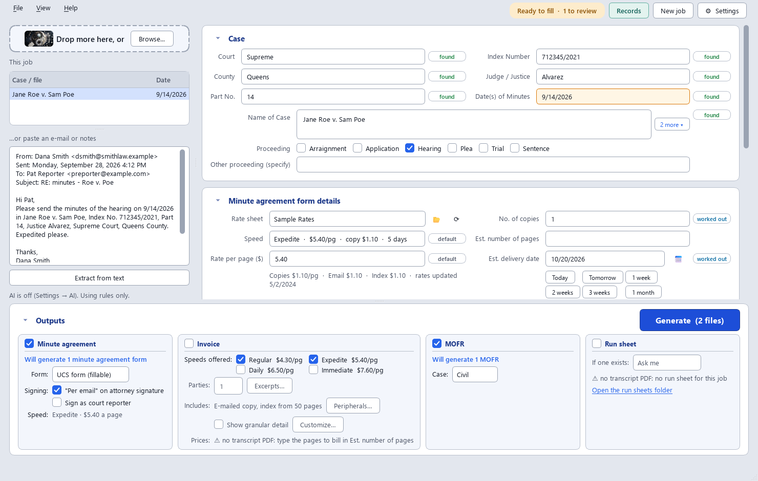 The app with a case filled in from a pasted e-mail: the case details, the Minute agreement form details card and the Outputs box, each output saying how many files Generate will make, and at the top right what still needs a look, Records, New job and Settings