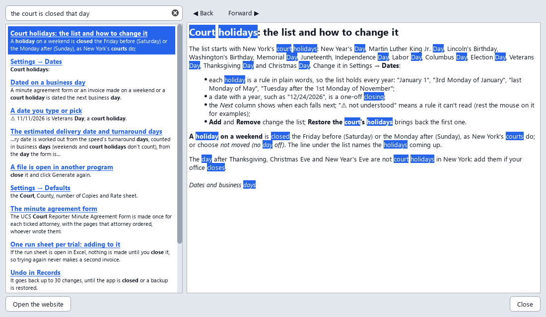 The Help window: the question the court is closed that day typed in the search box, the topics found with a line of each, and the court holidays page open with the words found marked