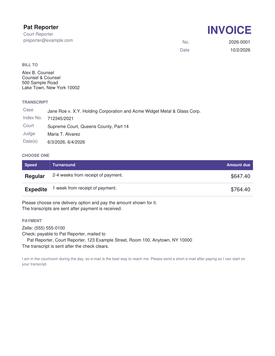 One invoice for two days of a case, listing the Regular and Expedite amounts