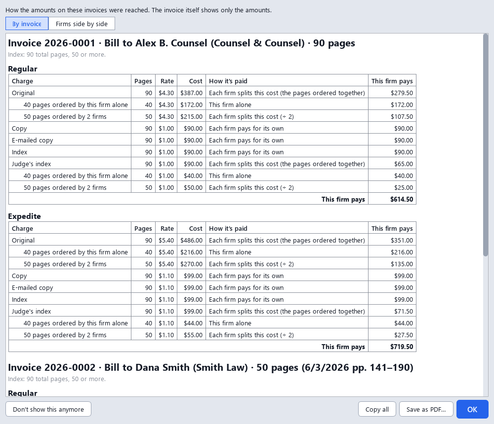 The math in tables, By invoice: the original and the judge's index split stretch by stretch (40 pages ordered by this firm alone, 50 pages ordered by 2 firms), the copy, e-mailed copy and index each firm pays for its own, and what this firm pays at each speed