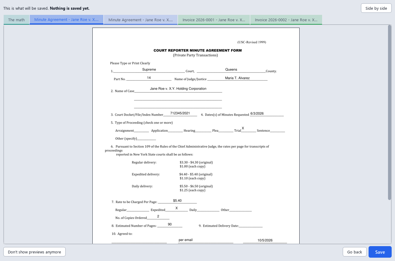 The preview: tabs coloured by kind of file (the math, two minute agreements, two invoices), the first agreement shown before it is saved, with Go back and Save